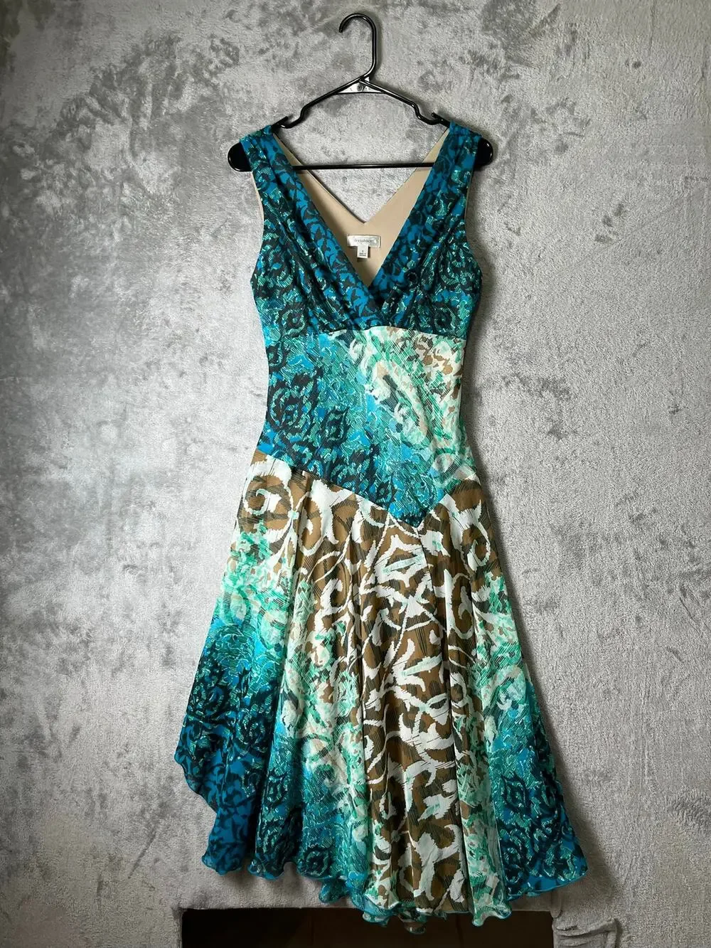 Vintage Y2K Sleeveless Midi Dress Blue Abstract Patchwork Mesh Handkerchief 6